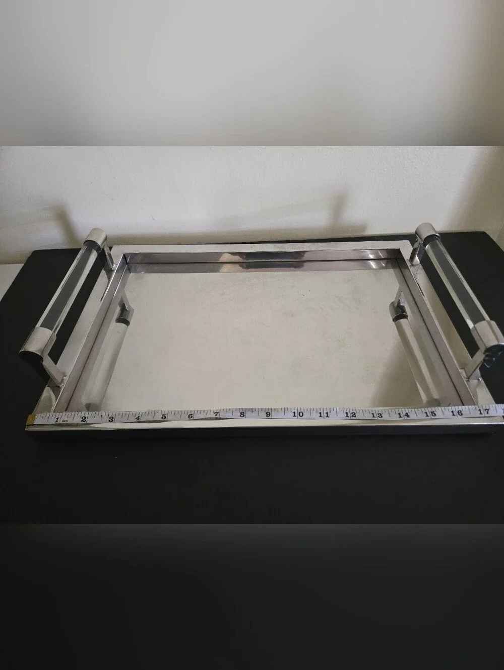 Pottery Barn Medium Polished Nickel Tray Clear Glass Acrylic Handles
